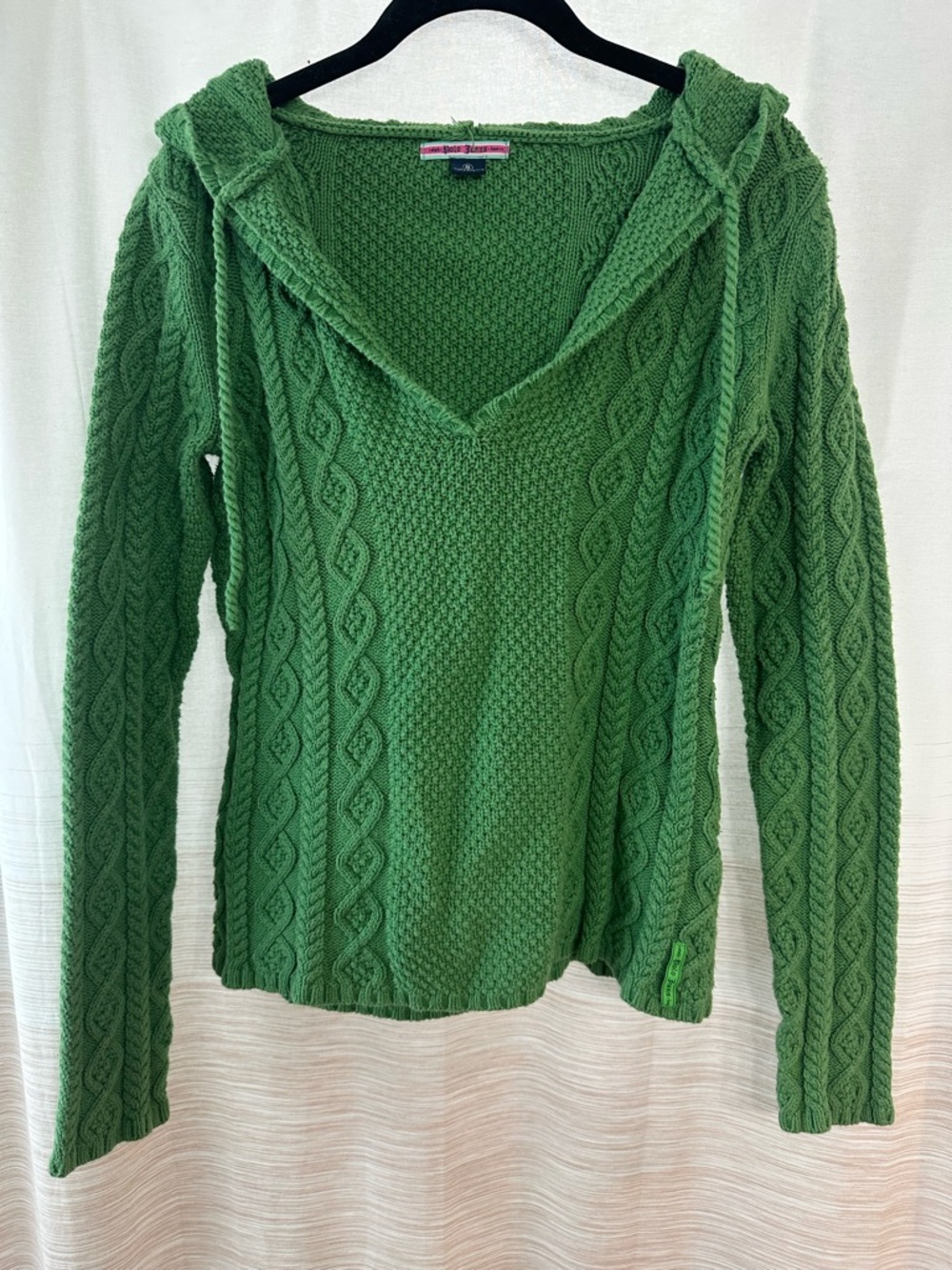 Polo Ralph Lauren Vintage 100% Cotton Green Cable-Knit V-Neck Hoodie Sweater